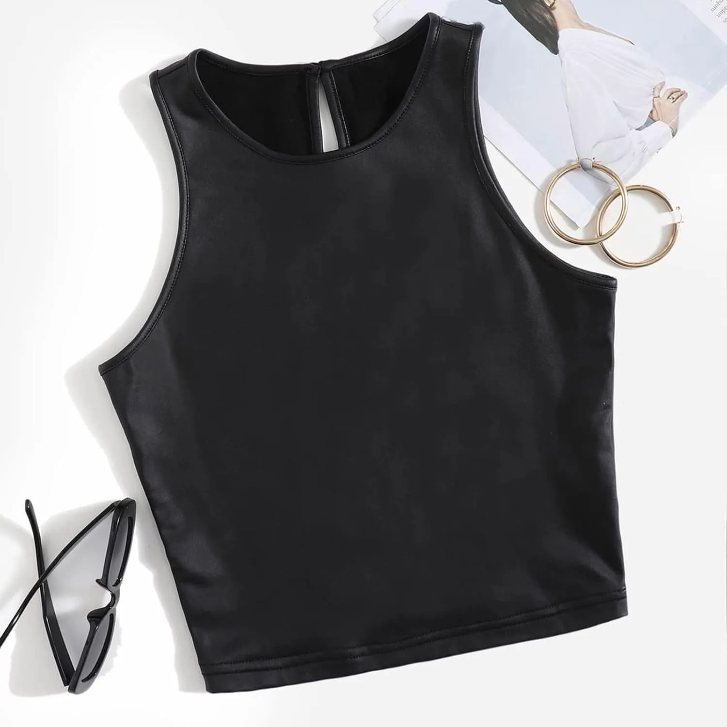Women's Spaghetti Strap Tank Tops PU Leather Camisole Bralette Bodycon Crop Top Casual Cami Shirt Party Club Wear
