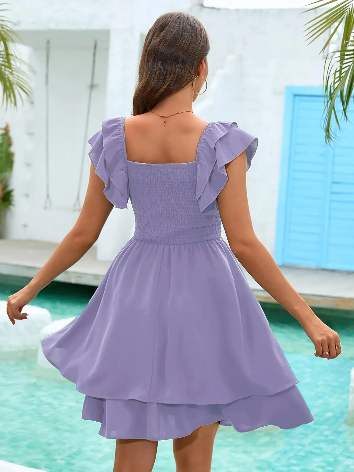 Women's Summer Dress Casual Wrap V Neck Flutter Sleeve Double Layer Ruffle Wedding Guest Short Mini Dresses