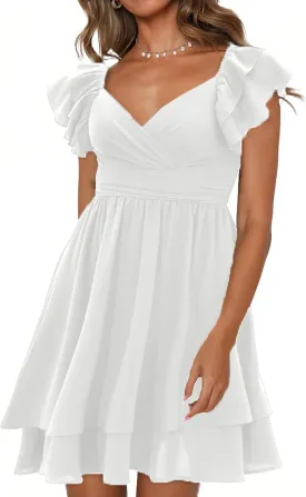 Women's Summer Dress Casual Wrap V Neck Flutter Sleeve Double Layer Ruffle Wedding Guest Short Mini Dresses