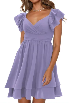Women's Summer Dress Casual Wrap V Neck Flutter Sleeve Double Layer Ruffle Wedding Guest Short Mini Dresses