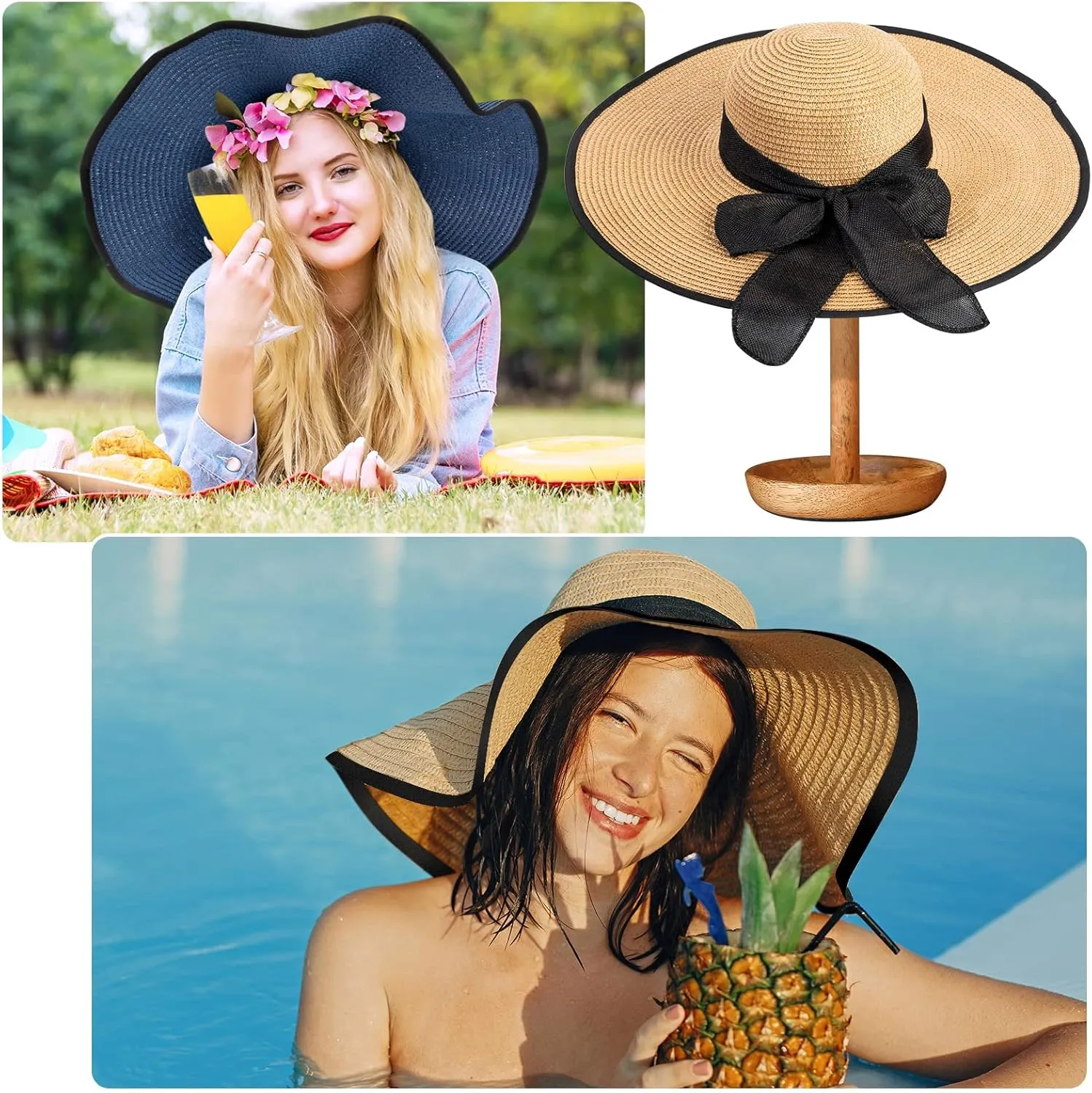 Xtinmee 6 Pcs Summer Women's Big Bowknot Straw Hat Wide Brim Foldable Floppy Adjustable UV Protection UPF 50  Beach Hat