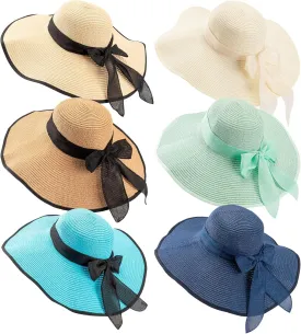 Xtinmee 6 Pcs Summer Women's Big Bowknot Straw Hat Wide Brim Foldable Floppy Adjustable UV Protection UPF 50  Beach Hat