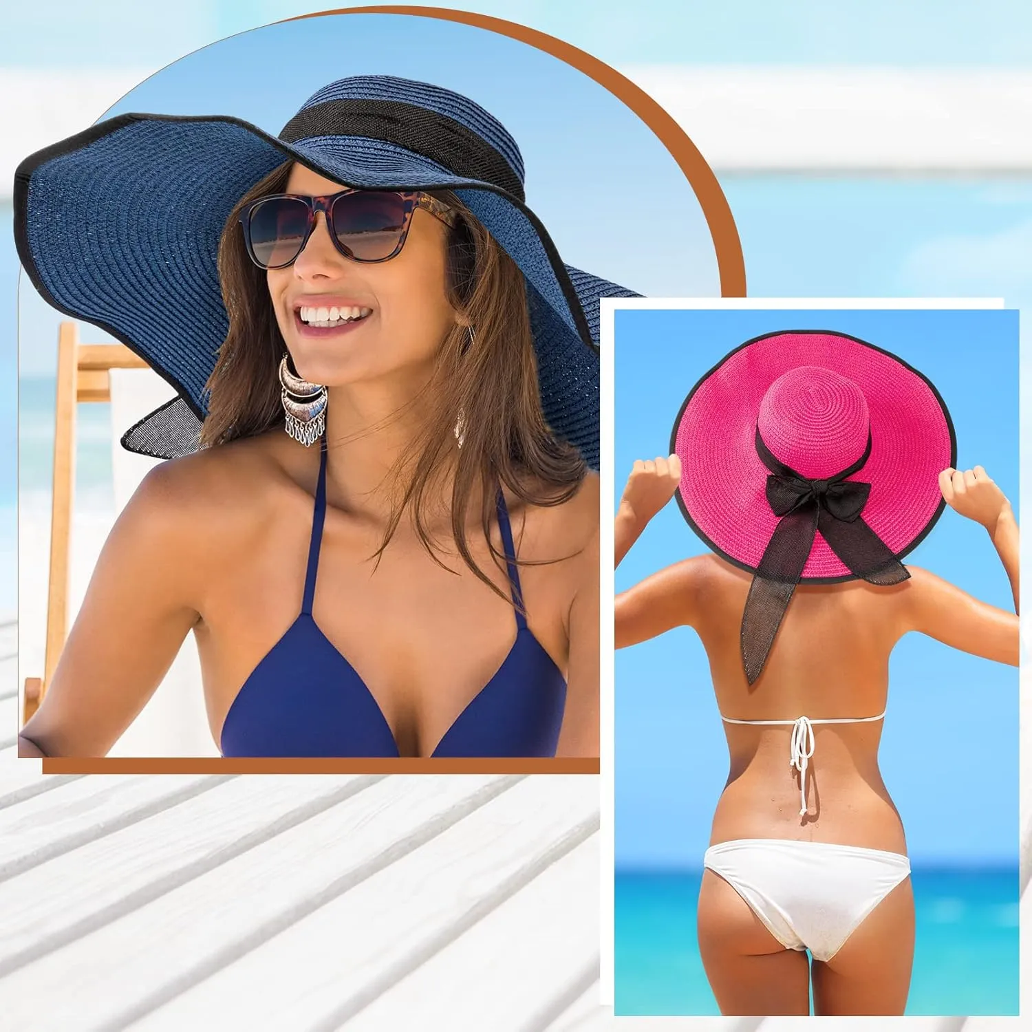 Xtinmee 6 Pcs Summer Women's Big Bowknot Straw Hat Wide Brim Foldable Floppy Adjustable UV Protection UPF 50  Beach Hat