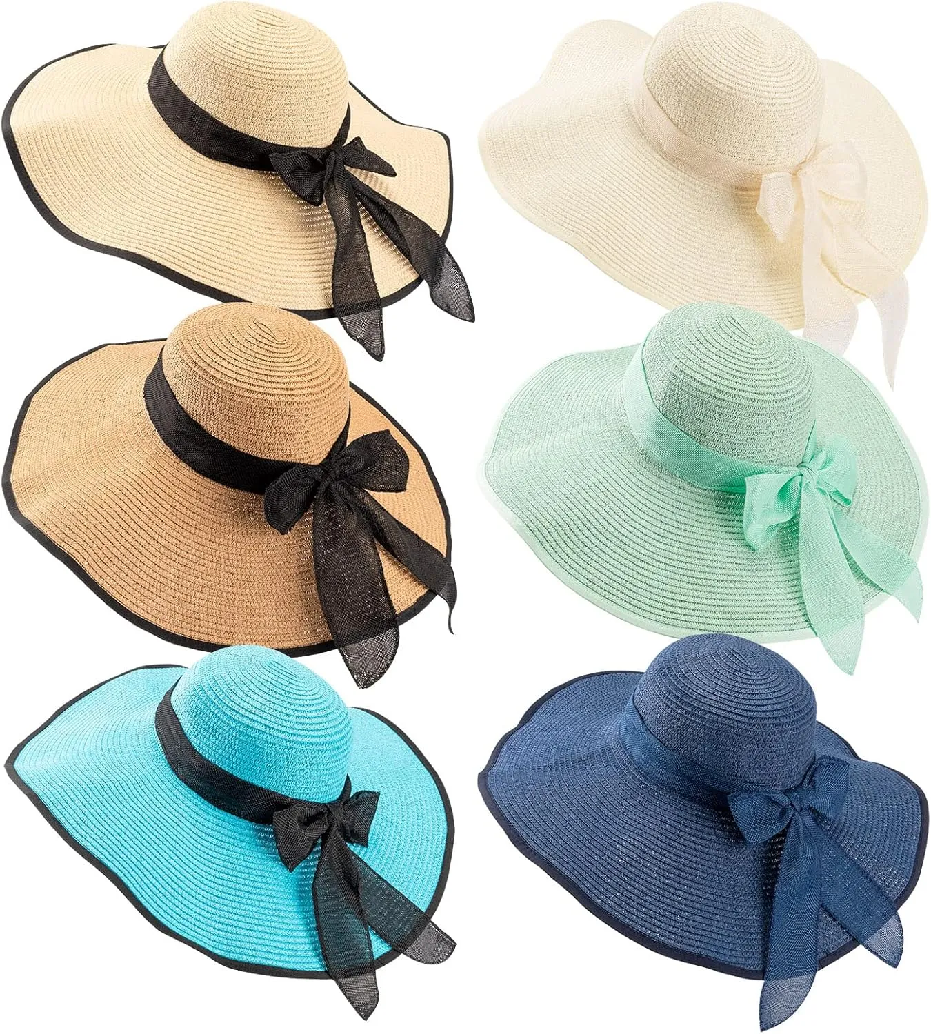 Xtinmee 6 Pcs Summer Women's Big Bowknot Straw Hat Wide Brim Foldable Floppy Adjustable UV Protection UPF 50  Beach Hat