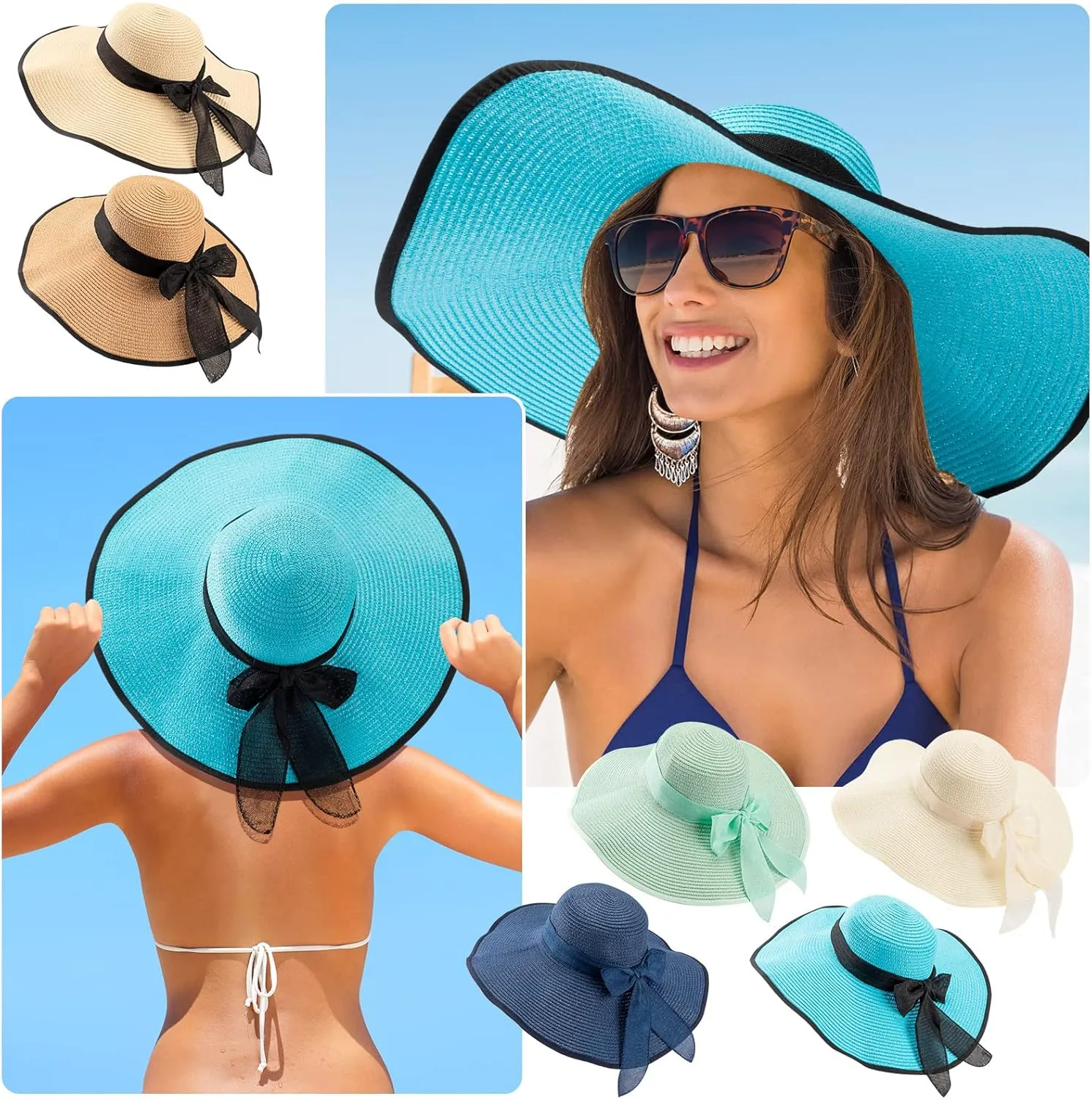 Xtinmee 6 Pcs Summer Women's Big Bowknot Straw Hat Wide Brim Foldable Floppy Adjustable UV Protection UPF 50  Beach Hat