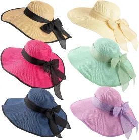 Xtinmee 6 Pcs Summer Women's Big Bowknot Straw Hat Wide Brim Foldable Floppy Adjustable UV Protection UPF 50  Beach Hat