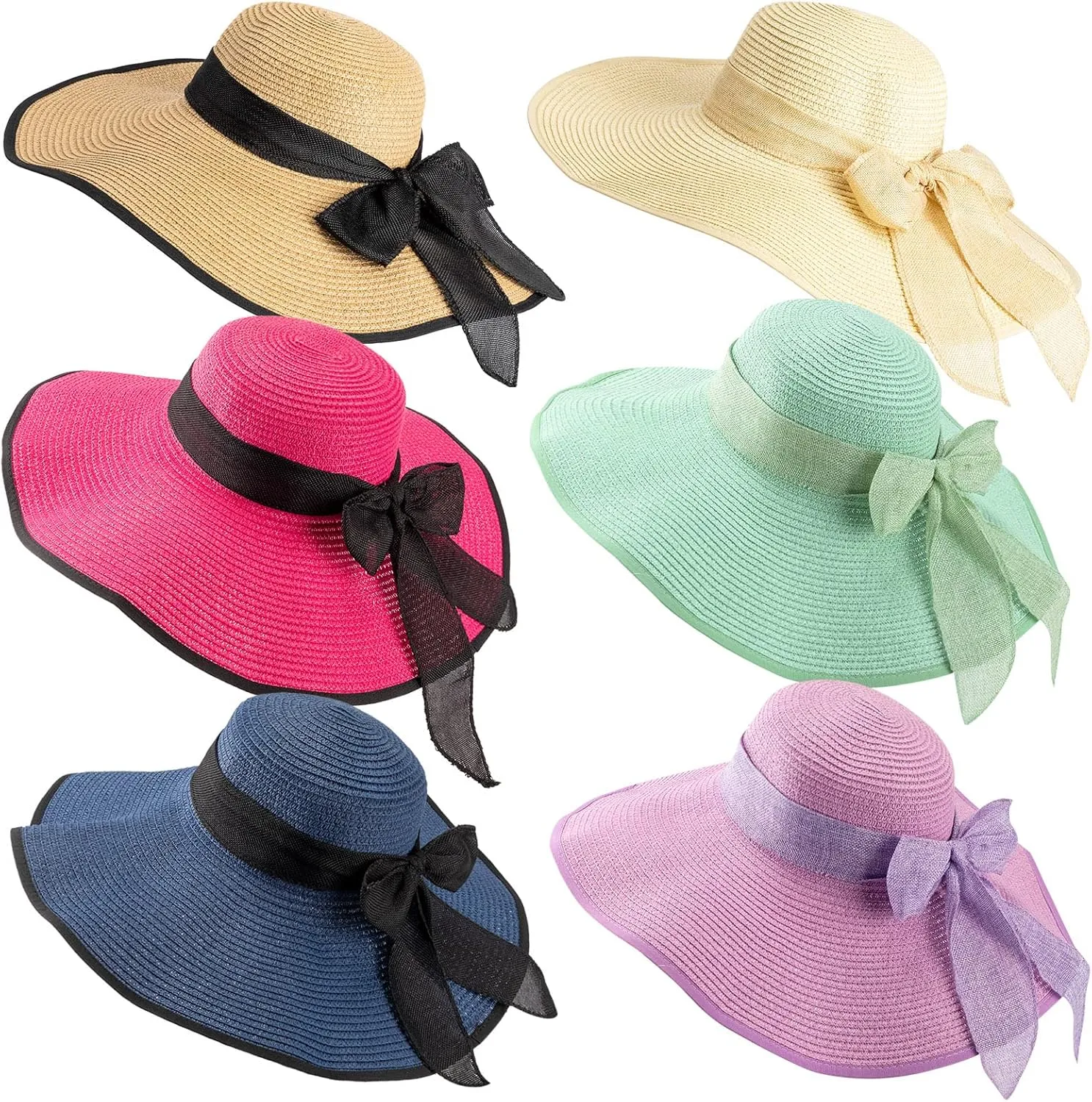 Xtinmee 6 Pcs Summer Women's Big Bowknot Straw Hat Wide Brim Foldable Floppy Adjustable UV Protection UPF 50  Beach Hat